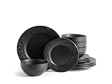 ECHTWERK Tafelservice 12-teilig 'New Modern', für 4 Personen, Schiefer-Optik, aus Steingut, 4 Speiseteller, 4 Beilagenteller, 4 Schüsseln, Black