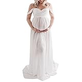 Loalirando Schwangerschaftskleid für Fotoshooting, Chiffon, leicht, Umstandskleid, Maxi-Länge, schulterfrei, für Fotografie, weiß, Medium