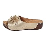 Damen-Hausschuhe mit Blumenmuster, offene Zehenpartie, flache Passform, breite Passform, Barfußschuhe, Strandschuhe, Slipper, Mädchen für Damen, breite Passform, Damen-Sandalen und Slides, gold, 40.5