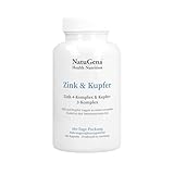 NatuGena Zink & Kupfer, Zink-4-Komplex, Kupfer-3-Komplex, Zink-Komplex, Kupferkomplex, Vitamin C, magenschonend, 180 Kapseln (Dosis für 180 Tage)