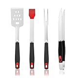 Grillbesteck Set 4-TLG mit verlängertem hitzebeständigem Griff, Grill Besteck aus Edelstahl in Lebensmittelqualität, Grill Geschenke für Männer, hochwertiges Grillbesteck für Garten-Grill