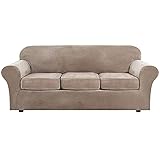 Sofabezug Stretch Schonbezug für 3-Sitzer mit 3 separaten Kissenbezügen, luxuriöser Samt, 4-teiliger Couchbezug