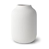 flature Keramik Vase mit Rillen – Wasserdichte Blumenvase in Weiß Matt für Schnittblumen Trockenblumen Pampasgras, Große Vase 20cm Hoch als Geschenk Deko für Wohnzimmer Schlafzimmer Büro