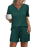 Demegimi Schlafanzug Damen Kurz Pyjama Baumwolle mit Knopfleiste Sommer Nachtwäsche V-Ausschnitt
