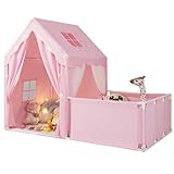 HOMASIS Spielzelt Indoor, 2 in 1 Spielhaus mit Laufgitter, Matte, Sternlichtern & Fenster, Kinderzelt aus Baumwolle, Kinder Zelt Kinderhaus für ab 3 Jahren, Kinderspielzelt für Kinderzimmer (Rosa)