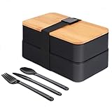 VBOK IGFE Bento Box Japanisch - Brotdose mit Fächern -3 teiligem Besteck- Lunchbox mit Bambusdeckel für die Schule und Arbeit für Kinder & Erwachsene