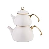 Karaca Retro Emaillien Teekannen Set, türkisches Teekannenset, Teekocher, Induktionsgeeignet, 2,3 Liter creme