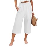 Leinenhose Damen Sommer 3/4 Kurz Gummizug Arbeitshose Street Style Modische Caprihose mit Weitem Bein Sommerliche Freizeithose Texturiert Qualität Basic Essentials Abendessen Ausflug