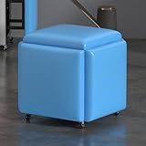 5 in 1 Klapphocker Leder mit Rollen Vielseitiger Sitzwürfel für Wohnzimmer & Wohnung Kompakte Fußstütze Blau Klein