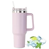 40 oz Thermobecher mit Strohhalm und Henkel, Doppelwandiger Edelstahl Vakuum Isolierbecher mit Deckel, Autobecher Becher Tumbler Thermobecher Kaffeebecher für Heißer und Kalter Getränke - Light Pink