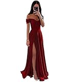 ECDAHICC Schulterfreies Brautjungfernkleid Für Damen Satin Langer Schlitz Elegantes Formelles Abendkleid A-Linie Hochzeits und Partykleid WR-XS