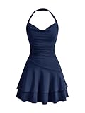 SweatyRocks Damen Minikleid A Linie Kleid Neckholder Kleider mit Rüschen Ärmelloses Mehrschichtiges Kleid Freizeitkleid Dunkelblau L