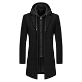 KUDMOL Herren Wolle Trenchcoat Solid Casual gepolstert Outdoor Overcoat Lange Kapuze Warmer Mantel Jacke(Schwarz,4XL)