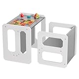 Yorbay Tisch und Stuhl Set für Kinder Kinderschreibtisch mit 1 Hockern, Kindersitzgruppe 3 in 1-Wendehocker & zum Kinderarbeitsplatz umwandelbarer Kinderbank, Kindermöbel (Grau, M)