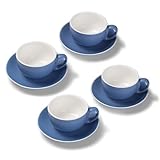 Terra Home 4er Milchkaffee-Tassen Set - Blau, 350 ml, Matt, Porzellan, Dickwandig, Spülmaschinenfest, italienisches Design - Kaffee-Tassen Set mit Untertassen