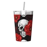 QGWDYYJQ Thermoskanne mit Halloween-Totenkopf-Motiv, 340 ml, mit konischem Strohhalm, tragbarer Thermobecher