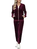 Irevial Damen Samtweich Hausanzug 2 Teiliger Casual Trainingsanzüge Kuschlig Jogginganzug Sportliche Zip Jacke + Sporthose mit Tasche Weinrot M