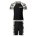 renvena Kinder Jungen Sommer Badebekleidung Badeanzug Zweiteilige Schwimmanzug Kurzarm Badeshirt Badeshorts Swimwear A Schwarze Tarnung 122-134