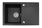 Manestein Spülbecken, Küchenspüle aus Granit, Einbauspüle, Abtropffläche, Einzelbecken mit Siphon, Fleckenbeständig & Pflegeleicht, 80% Quarzsand, 1 Becken, 76 x 44 cm, Graphit - Schwarz Gesprenkelt