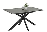 Hela Tische, Esstisch Ausziehtisch Fenja, Holzwerkstoff + 5mm Glasplatte, Keramikoptik Schwarz, Spinnengestell Anthrazit, ausziehbar 140-180x90cm
