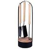 raik Kaminbesteck Valentin 4-teilig aus Stahl und Holz schwarz 61 cm mit Schürhaken, Kaminschaufel, Kaminbesen und Vorratsbox für Anzünder modernes Design für Kaminofen oder Kamineinsatz