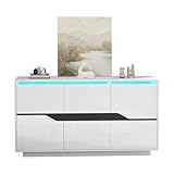 Wohnzimmer Sideboard, 3 Türen, Multifunktionale Kommode mit verstellbaren Trennwänden, Großer griffloser Aufbewahrungsschrank, Hochglanz Sofa Sideboard mit LED, Weiß + Schwarz 140 * 40 * 76cm
