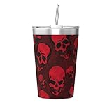QGWDYYJQ Thermoskanne mit rotem Totenkopf, 340 ml, mit konischem Strohhalm, tragbarer Thermobecher