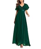 ECDAHICC Damen Abendkleider Gürtel V-Ausschnitt Hohe Taille A-Linie Chiffon Brautjungfernkleid Elegant Lang Ballkleid(GR,M)
