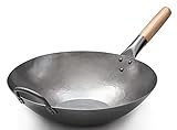 Craft Wok 731W316 Pow-Wok, flach, handgehämmerter Karbonstahl, mit Holz- und Stahlgriff, 35,6 cm, flacher Boden, flach, 731W316