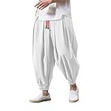 Herren Leinen Baumwolle Haremshose Einfarbige Freizeithose Herren Atmungsaktive Pumphose Stretch Verschärfen Hosenbein Pluderhose Leichte Elastisches Sport Jogginghose A-Weiß M