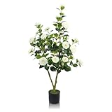 GOVIRAYE Kunstpflanze Kamellienbaum mit Weiße Blumen Groß Künstlicher Kamellienpflanzen im Topf Boho Deko Wohnzimmer Kunstblumen wie echt für Indoor Outdoor Haus Büro Garten Housewarming Geschenk