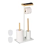Relaxdays WC Garnitur, Bambus, Eisen, freistehender Klopapierhalter, Toilettenbürste mit Bürstenhalter, weiß/natur