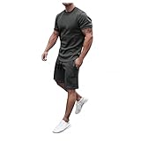 Minying Trainingsanzug für Herren, Sport, 2-teilig, gestreiftes T-Shirt, kurzärmlig, Jogging-Set für Herren, Revers, T-Shirt, Shorts, Trainingsanzug-Set, 10 - Grau, M