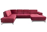 CAVADORE Wohnlandschaft Benda / Große Sofagarnitur mit XL-Longchair rechts & Federkern / Inkl. Sitztiefenverstellung / 332 x 87 x 226 / Samt: Rot