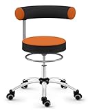 Sanus®-Gesundheitsstuhl | Rollhocker mit 360° Lehne, Fester Lehne, Sitzhöhe niedrig (36-43 cm), Stoffbezug orange/schwarz, Rollstopp-Rollen. Ergonomischer Bürostuhl, Erzieherstuhl