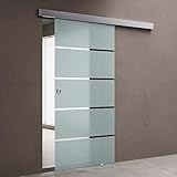 doporro Glasschiebetür Komplettset 90 x 205 cm | 15mm Wandabstand | Schiebetür mit ESG-Sicherheitsglas | Zimmertür Glas mit 5-Milchglas-Streifen und Muschelgriff | Amalfi-plus 11