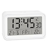 ADE Digitaler Funkwecker mit Licht | Wecker mit Temperaturanzeige und Kalender | kompakter Reisewecker | hübsches matt weißes Gehäuse | mit Batterie