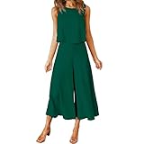 Damen Sommer 2-teiliges Outfit Jumpsuit Elegant ärmellos Rundhals Tanktop gekürzte Weite Beinhose