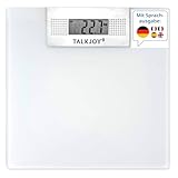 TalkJoy Sprechende Personenwaage in 5 Sprachen, für Blinde, Sehbehinderte und Senioren, Digitale Waage bis 180 kg, großes Display, Körperwaage mit Sprachausgabe, in Weiß