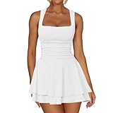 Felcia Damen Sommer Minikleid Elegant Quadratischer Ausschnitt A Linie Kleid Ärmellos Strand Party Kurzes Kleid Streetwear, A-weiß, L
