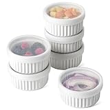 LE TAUCI Auflaufförmchen mit Deckel, 237 ml, ofenfest, Creme Brulee Auflaufförmchen, Keramik, Souffle-Schalen mit Deckel, Puddingbecher zum Backen, Pudding, Servieren, Dip, Eis, 6 Stück, Weiß