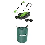 Greenworks Elektro-Rasenmäher 24V 33cm 30L Grasfangbox und Kabelloser Rasentrimmer 25cm automatischer Vorschubkopf mit Akku 4Ah und Ladegerät GD24LM33LT25K4 + Greenworks Tools 120l Gartenabfallsack