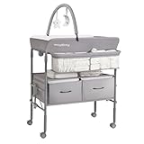 Maydolly Wickeltisch klappbar & höhenverstellbar, mobiler Wickeltisch mit Rollen, 2 Ablagekörben & wasserdichter Wickelauflage, grau – bis 15 kg