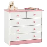 IDIMEX Kommode Rondo, schöne Anrichte mit 5 Schubladen, praktisches Sideboard aus massiver Kiefer in weiß/rosa, Zeitlose Schubladenkommode mit Holzgriffe
