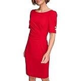 DKNY Damen Etuikleid mit Knopf, kurzärmelig, gerüscht, Rot/Ausflug, einfarbig (Getaway Solids), 34