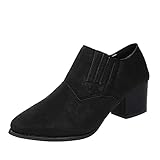 Woaikeyu Asakuchi Damen-Stiefel, Vintage, quadratischer Absatz, Slip-On-Boots mit spitzem Kopf, kurze Stiefel, Schwarz , 41 EU