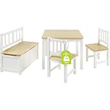 Bomi Kindersitzgruppe Anna mit integrierter Spielzeugkiste | Kinderzimmer-Set inkl. Kindertisch mit 2 Stühlen & Kindertruhenbank | Kindermöbel aus FSC nachhaltigem Kiefer Massiv Holz | Weiß Natur