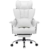 Efomao bürostuhl ergonomisch, PU Leder Chefsessel, bürostuhl 200 kg mit Fußstütze und Lendenwirbelstütze, Verstellbarer Stuhl mit hoher Rückenlehne, Weißer bürostuhl
