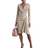 Abendkleider Elegant Für Hochzeit Kleid Damen Festlich Langarm Cocktailkleid Damen Hochzeitsgast Etuikleid Frauen A Linie Wickelkleid V Ausschnitt Business Kleider Plissee Partykleid