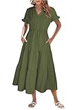 Theenkoln Kleid Damen Sommer Blusenkleid Elegant V-Ausschnitt Kurzarm Sommerkleid Lang Strandkleid Midikleid Freizeitkleider Armeegrün XL